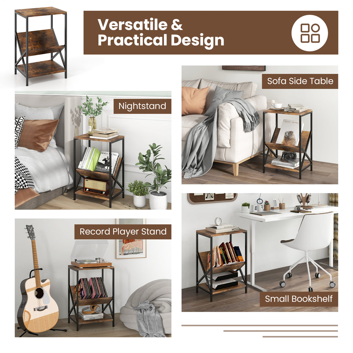 3-Tier Industrial Side Table with V-shaped Bookshelf for Living Room-Rustic Brown
