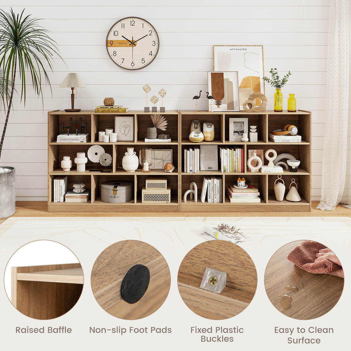 3-Tier Open Bookcase 8-Cube Floor Standing Storage Shelves-Natural