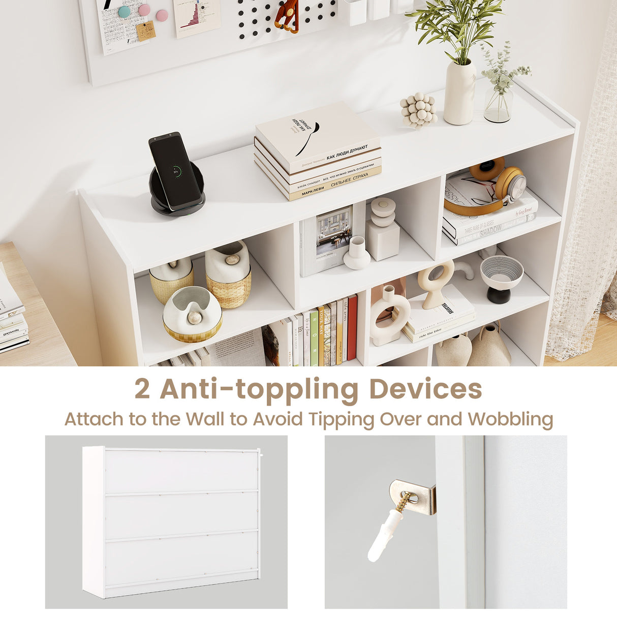 3-Tier Open Bookcase 8-Cube Floor Standing Storage Shelves Display Cabinet-White