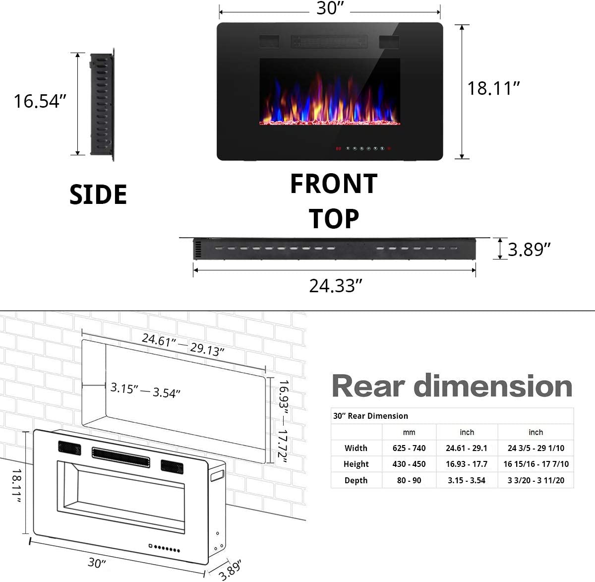 Electric Fireplace Recessed and Wall Mounted,830C3,836C3,842C3,850C3,860C3,868C3