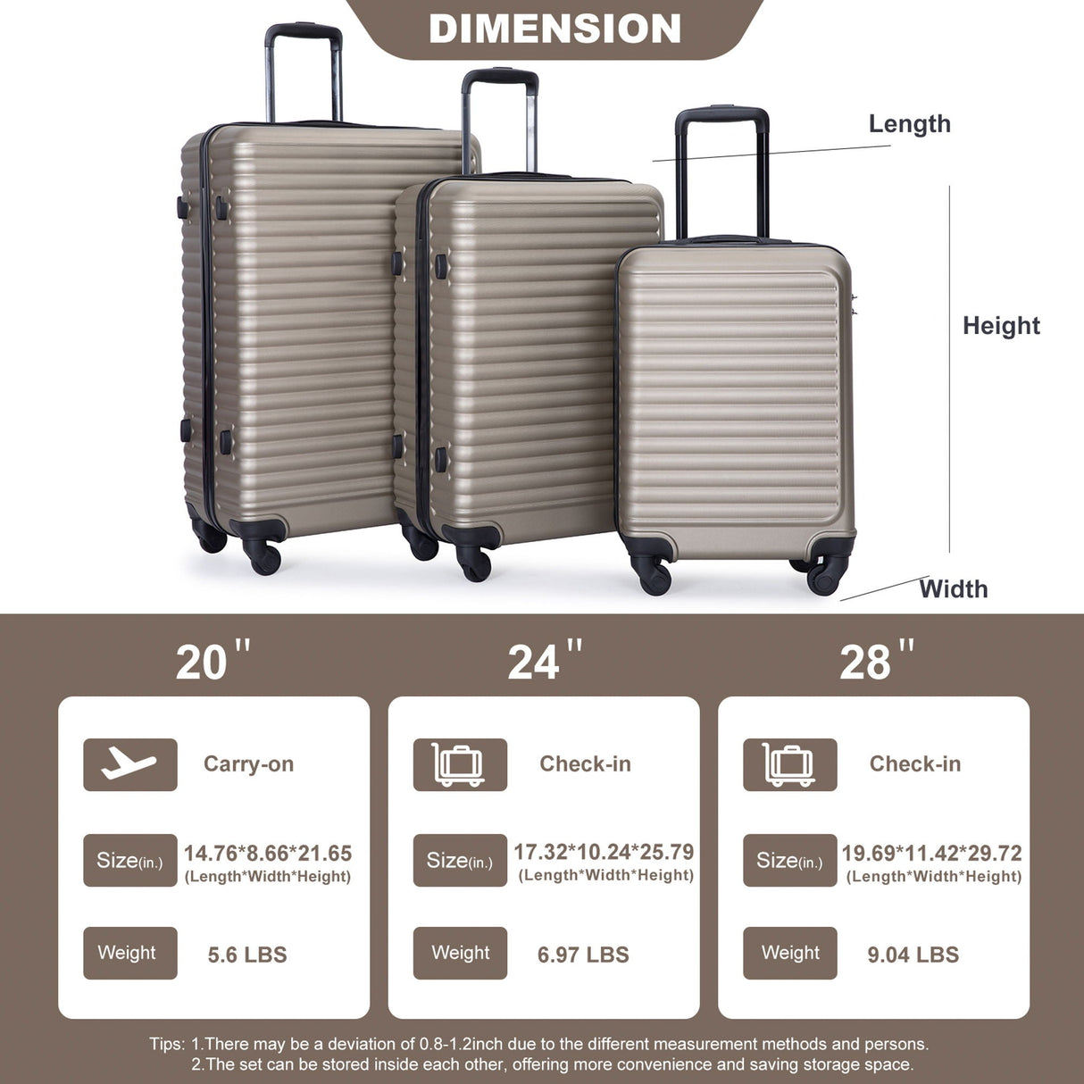 3 Piece Luggage Sets Lightweight Suitcase With Two Hooks, Spinner Wheels, Tsa Lock by Couch.com