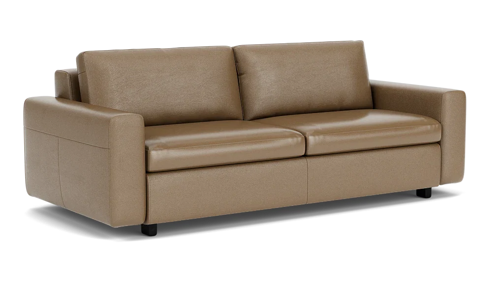 The Reva Storage Sofa features a light brown leather design with two seat cushions and two back cushions. It boasts wide armrests and short black legs, contributing to its modern and sleek appearance.