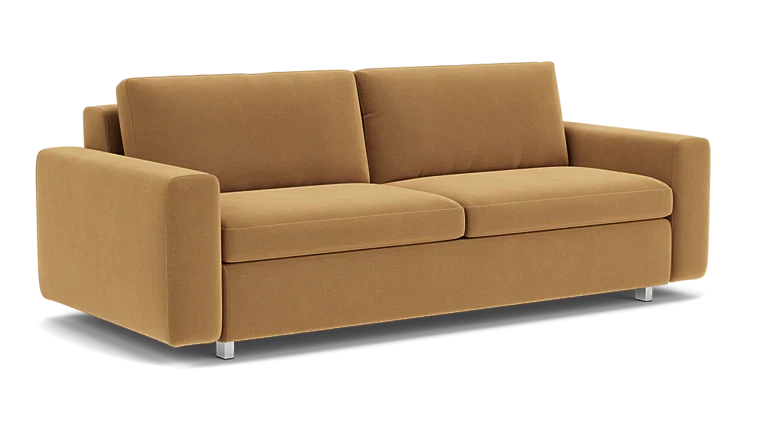 The Reva Storage Sofa, featuring a modern design with straight padded arms, two back cushions, and a clean minimalist style, rests on short metallic legs against a white background.