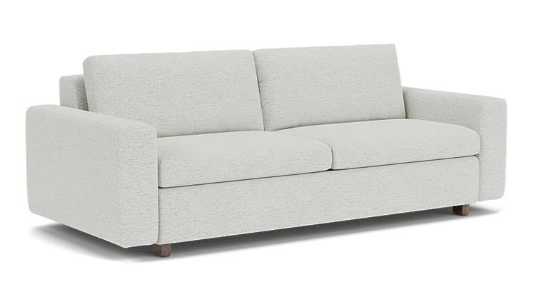 Introducing the Reva Storage Sofa: a modern piece in light gray featuring clean lines and two seat cushions. Its minimalist design is highlighted by square armrests and wooden legs, offering a contemporary look perfect for various interior styles.