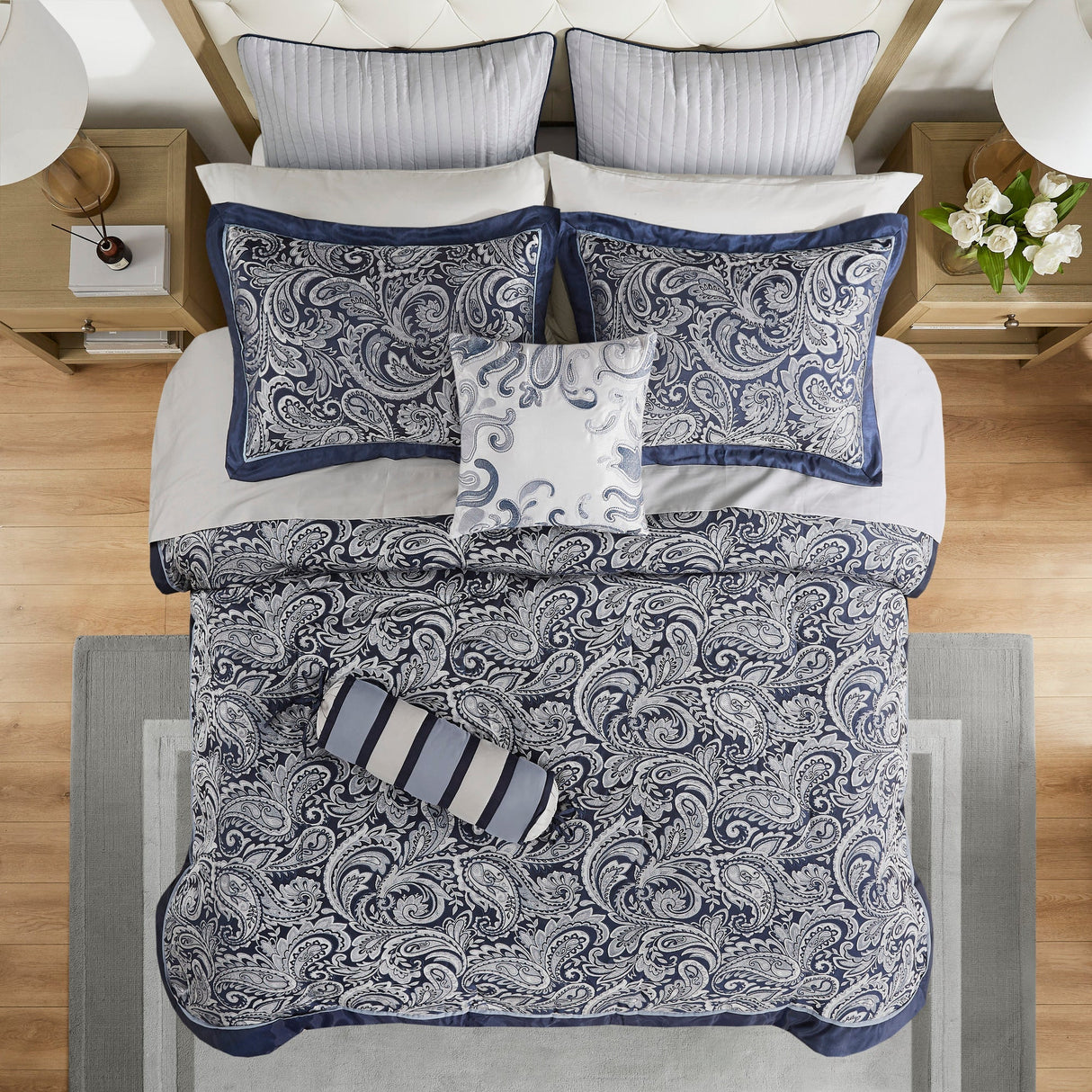 12 Piece Comforter Set with Cotton Bed Sheets Navy Cal King