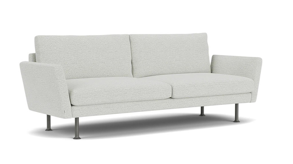 Introducing the Form 92" Sofa, a modern two-seater upholstered in light gray fabric with plush cushions and sleek metal legs. This sofa boasts clean lines and a minimalist design, making it an ideal fit for any contemporary living space.