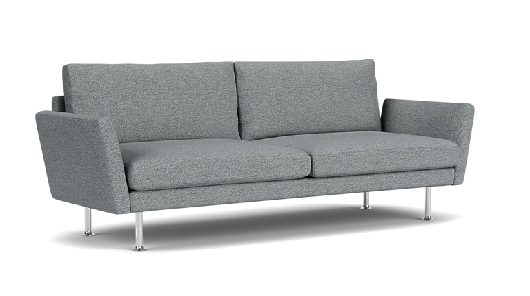 The Form 92" Sofa, featuring a sleek gray design with a modern aesthetic, comes with two cushions and metal legs. It is set against a plain black background and includes straight armrests.