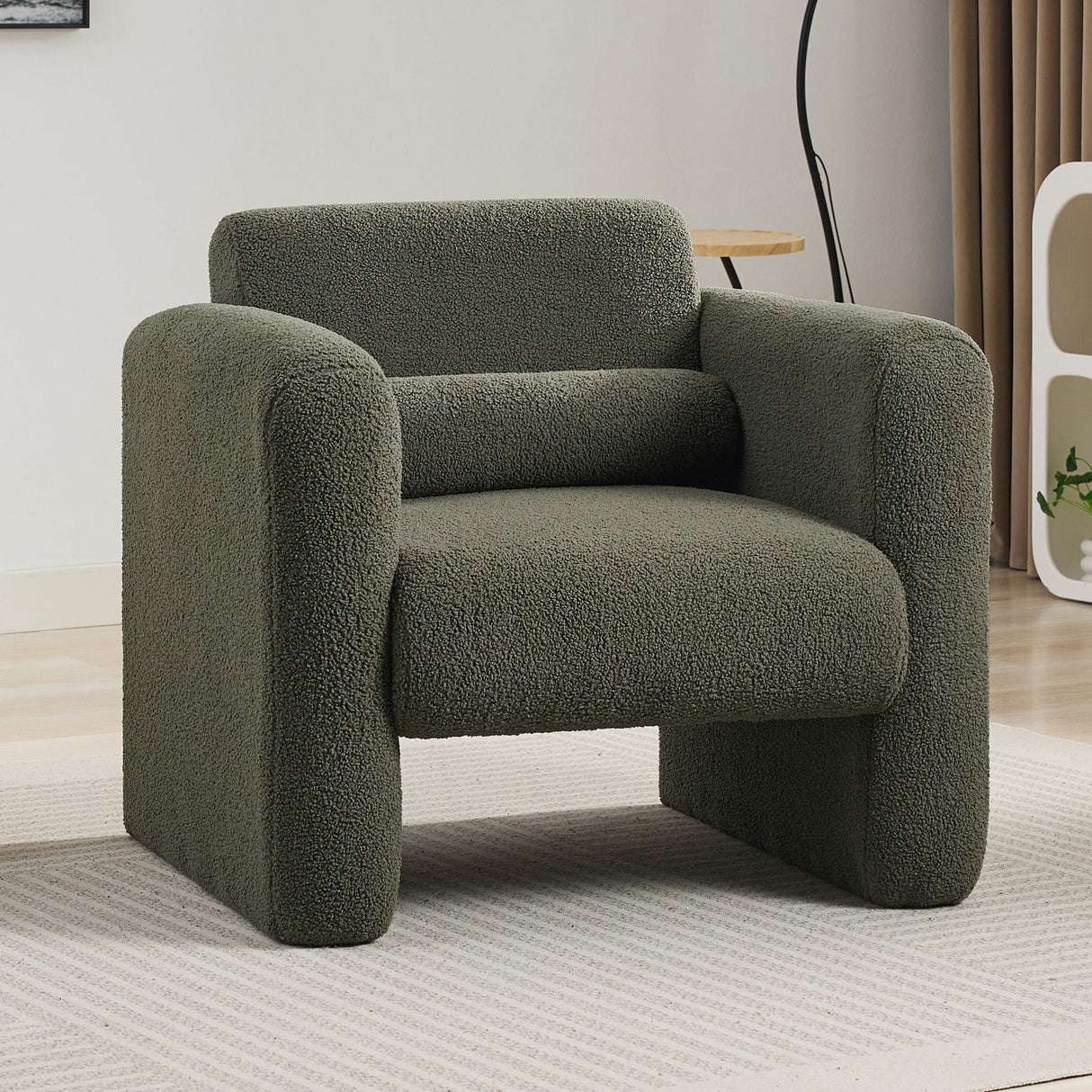 Modern Accent Chair Lambskin Sherpa Upholstered Comfy Reading Arm Chair Soft Padded Armchair With Back And Pillow For Living Room - Seaweed Green by Couch.com