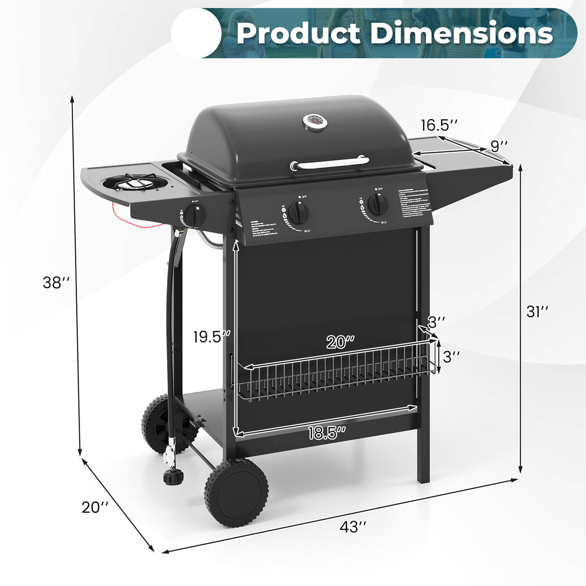 30 000 BTU Outdoor Burner Propane Gas Grill on Wheels-Black