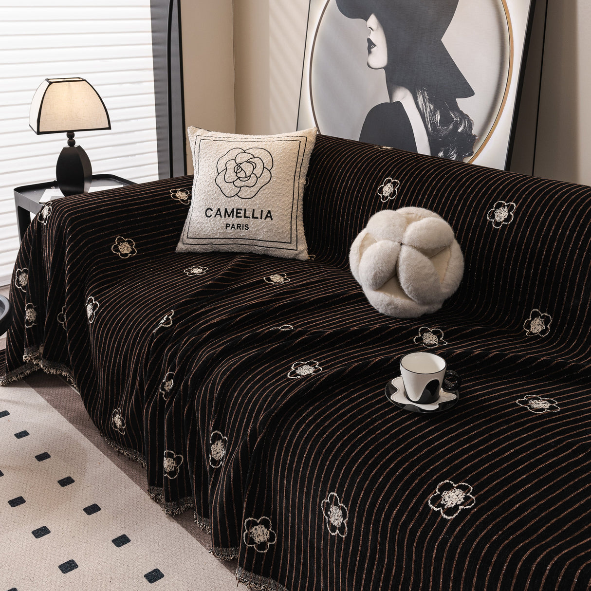 Chenille Camellia Floral Sofa Throw Cover Couch Blanket with Striped Jacquard