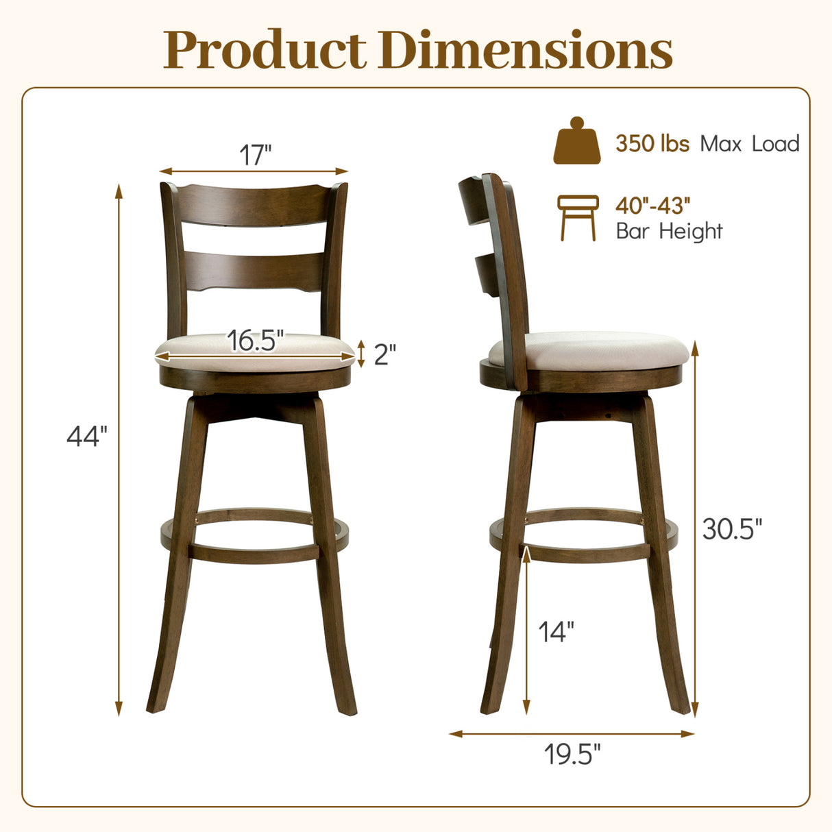 30.5 Inch Swivel Barstools with Backrest & Upholstered Seat-Set of 2