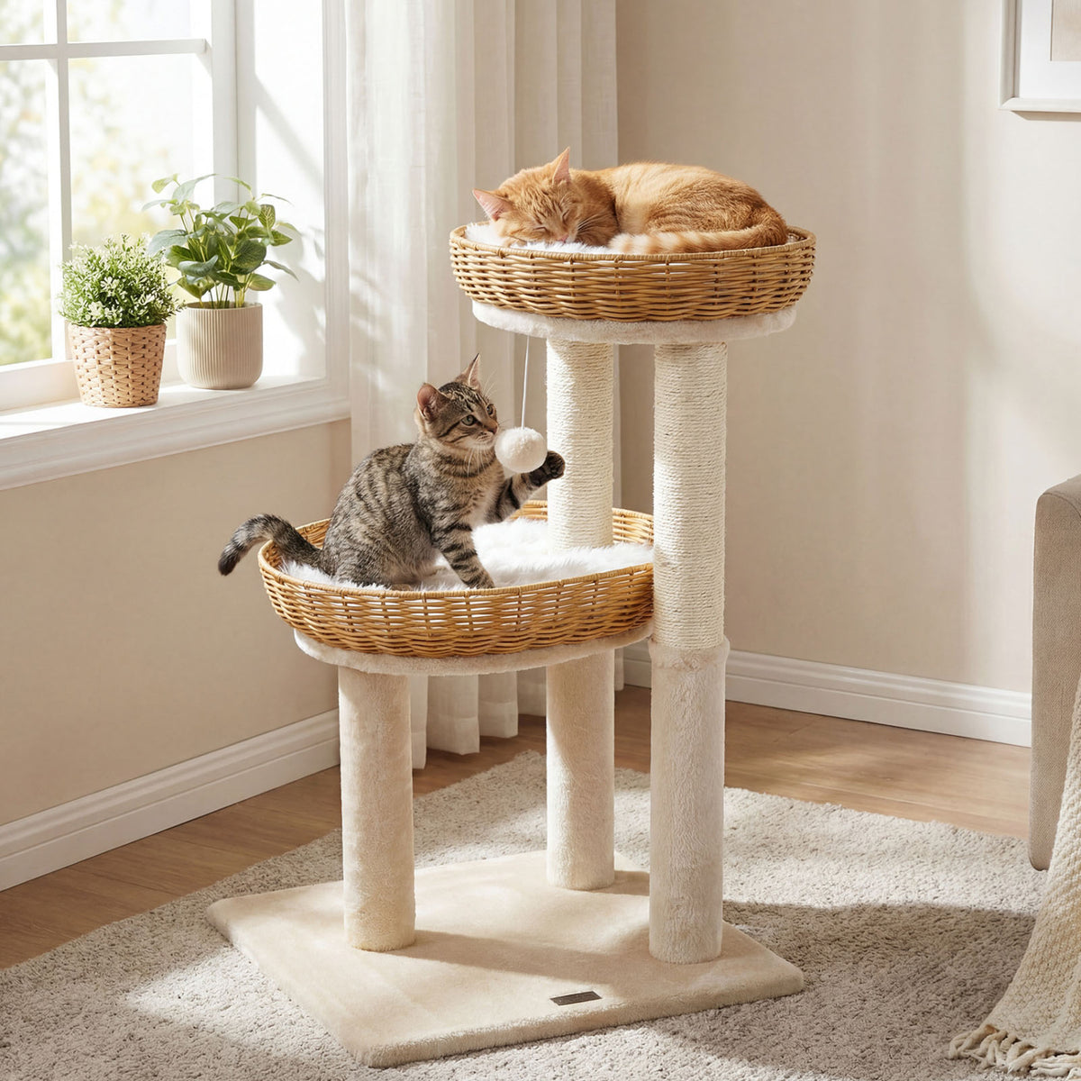 30-Inch Cat Tower with 2 Rattan Cat Baskets for Indoor Kittens-Beige
