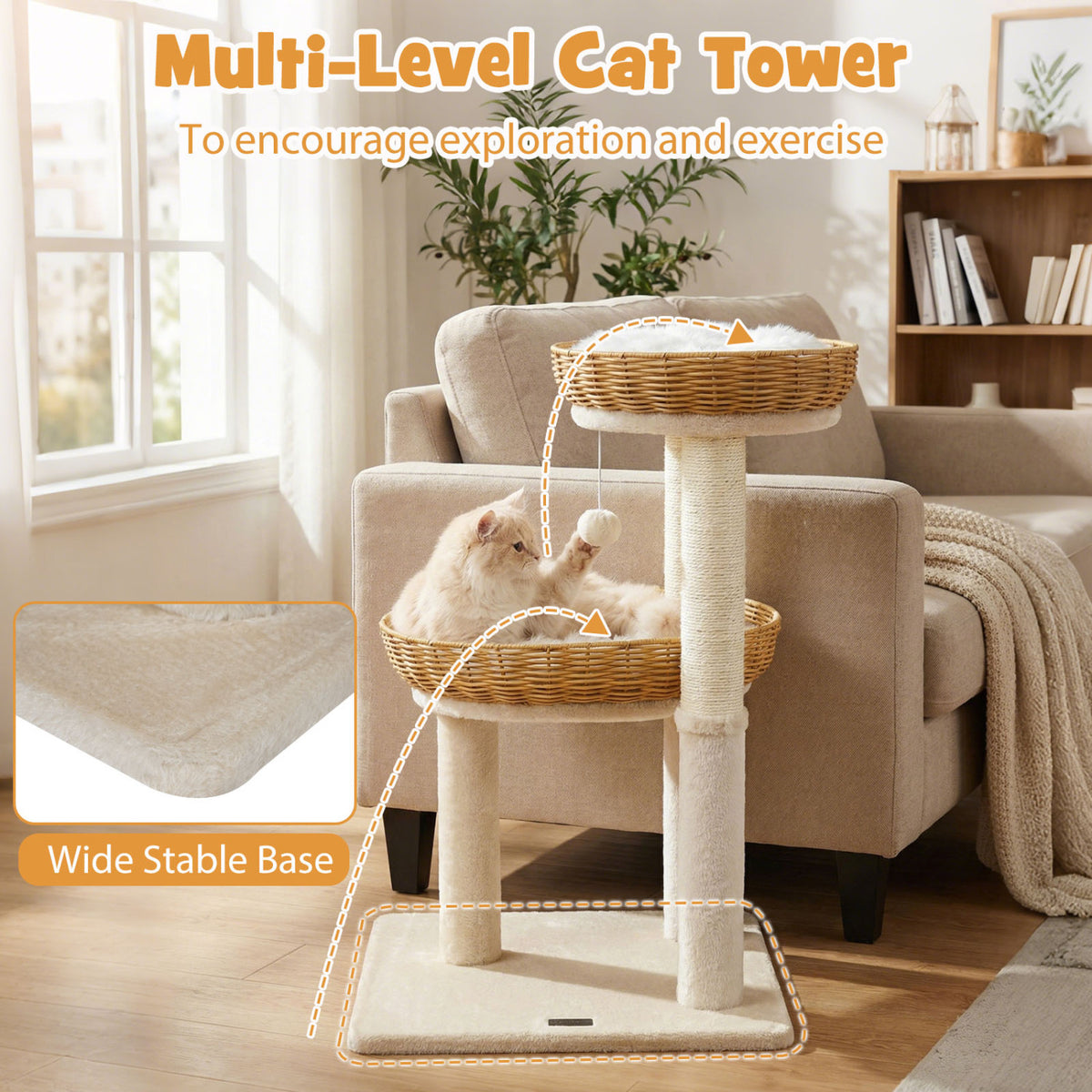 30-Inch Cat Tower with 2 Rattan Cat Baskets for Indoor Kittens-Beige