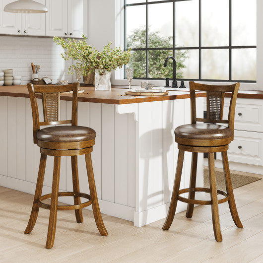 30 Inch Set of 2 Bar Stools with PE Rattan Backrest and Rubber Wood Frame-Brown