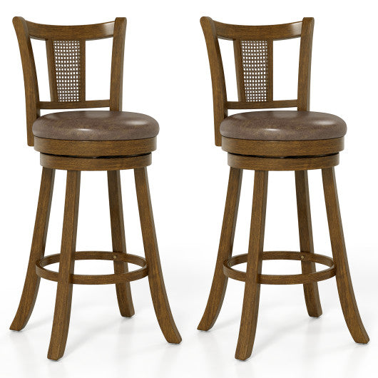 30 Inch Set of 2 Bar Stools with PE Rattan Backrest and Rubber Wood Frame-Brown