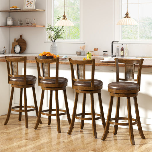 30 Inch Set of 2 Bar Stools with PE Rattan Backrest and Rubber Wood Frame-Brown