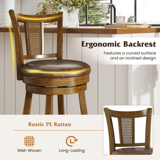 30 Inch Set of 2 Bar Stools with PE Rattan Backrest and Rubber Wood Frame-Brown