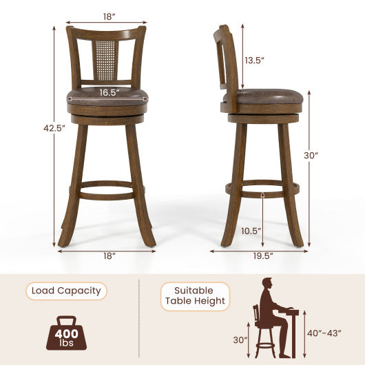 30 Inch Set of 2 Bar Stools with PE Rattan Backrest and Rubber Wood Frame-Brown