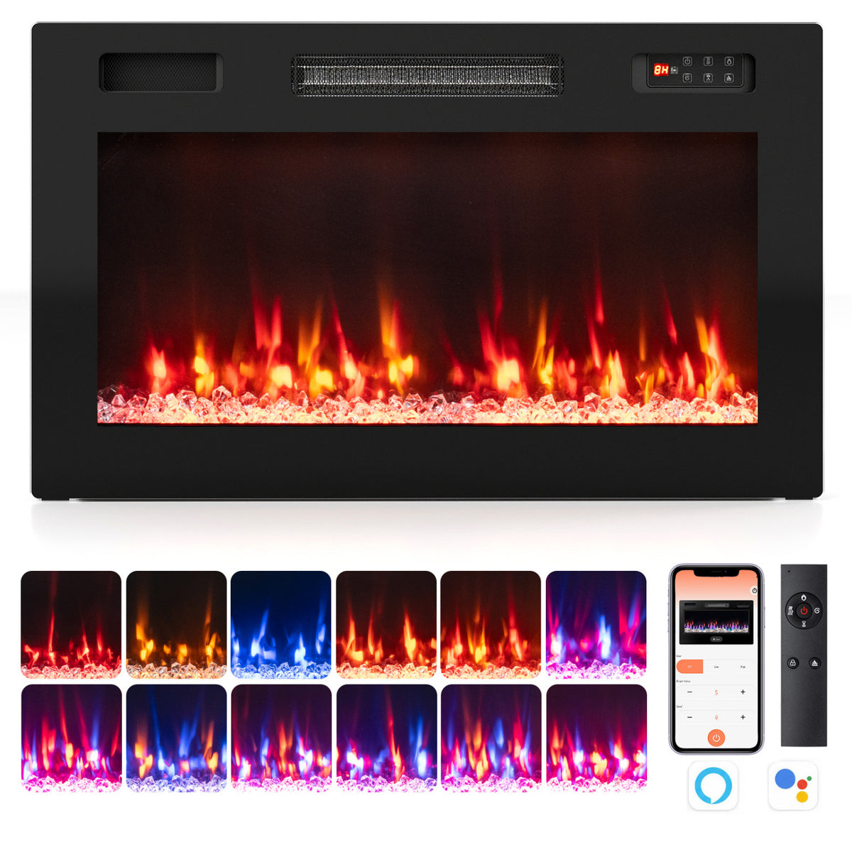 30 Inch Smart WiFi Electric Fireplace with Recessed and Wall Mounted