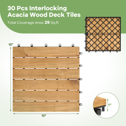 30 PCS Interlocking Deck Tiles 12 x 12 Inch Acacia Wood Patio Tiles with Straight Slats-Natural