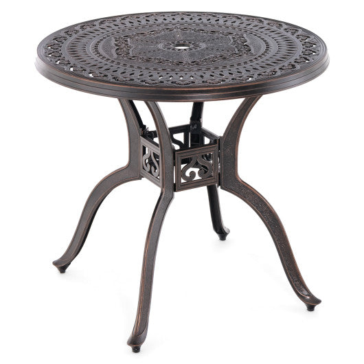 31.5" Cast Aluminum Table Patio Round Dining Table with Umbrella Hole-Copper