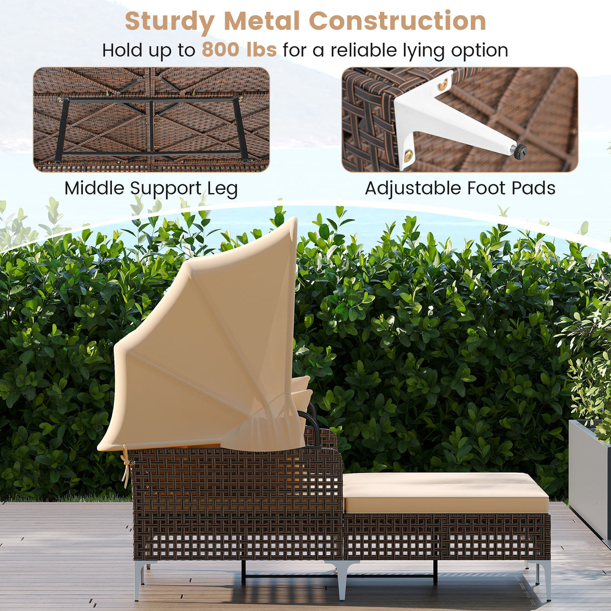 Outdoor Daybed with Retractable Canopy PE Wicker Rattan Patio Lounger-Brown