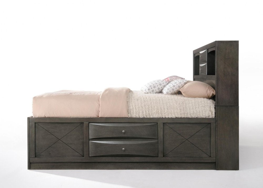 Gray Solid Wood Queen With Ten Drawers Bed Frame