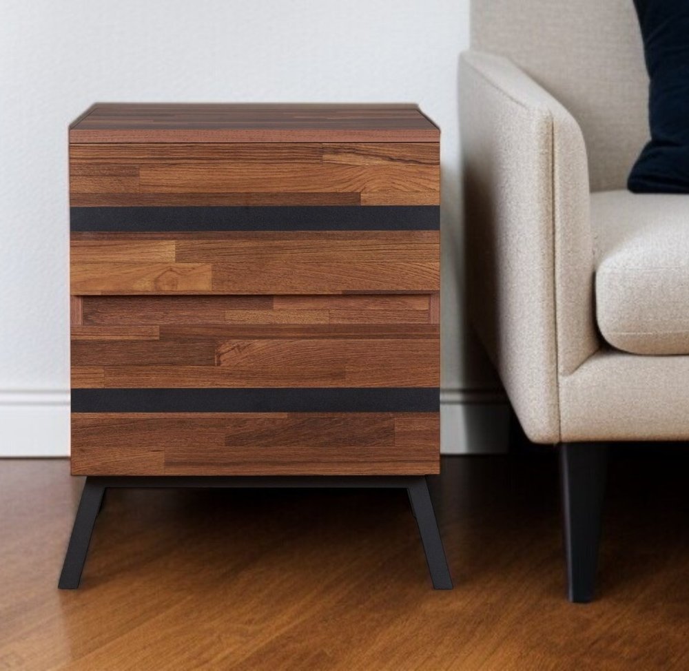 23" Black And Brown Wood And Iron End Table With Two Drawers