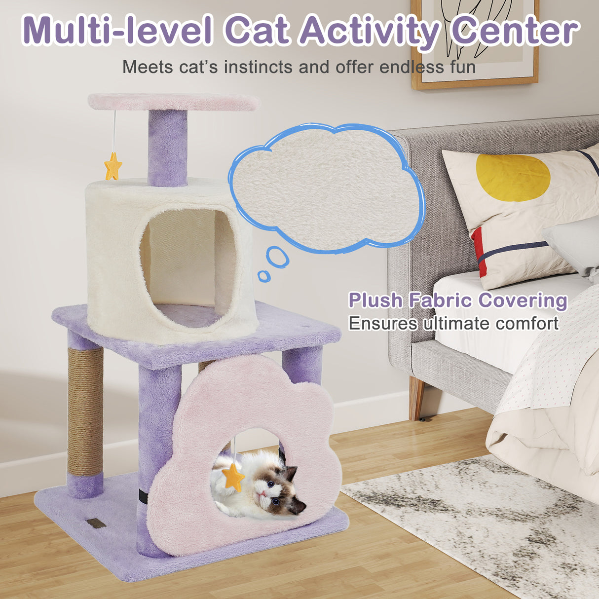 31.5" Cute Modern Cat Tree Multi-Level Kitten Tower-Purple