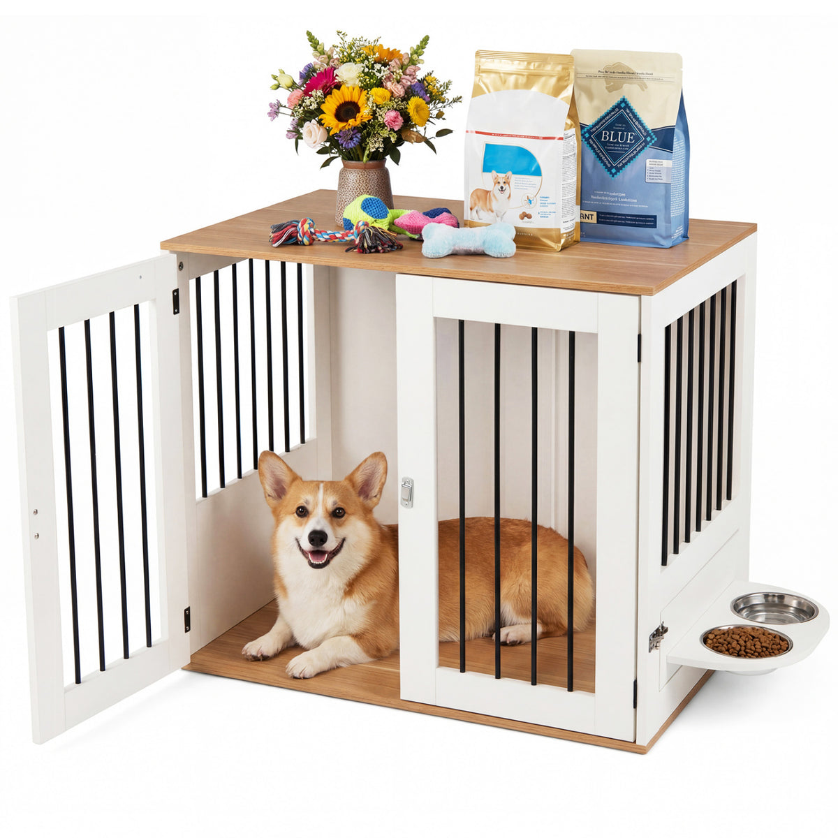 31.5†Dog Crate Furniture Wooden Dog Kennel with Double Lock Doors-White