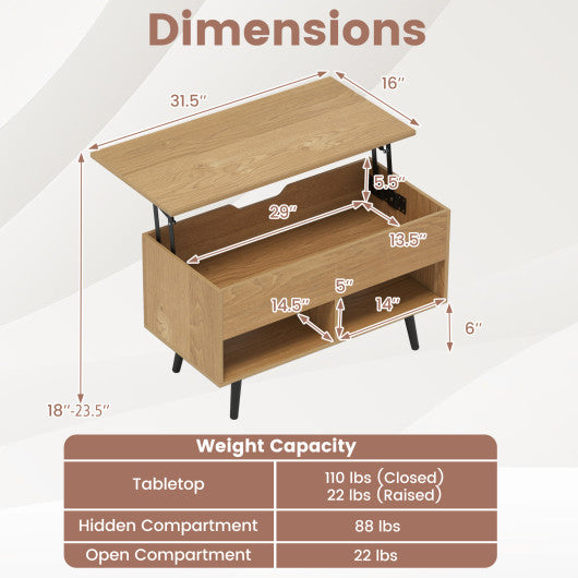 31.5 Inch Lift-Top Coffee Table with Hidden Storage and 2 Open Shelves-Natural