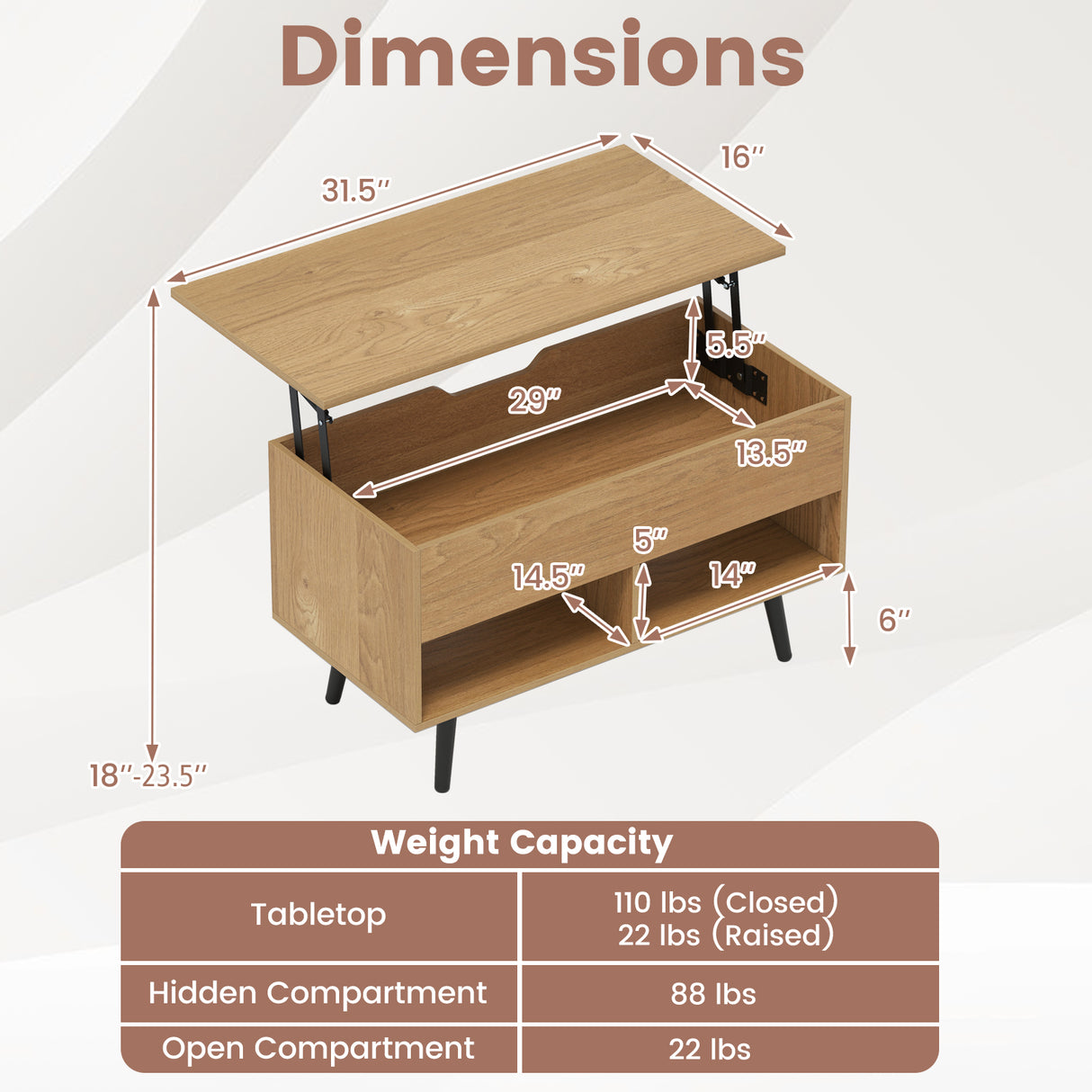 31.5 Inch Lift-Top Coffee Table with Hidden Storage and 2 Open Shelves-Natural