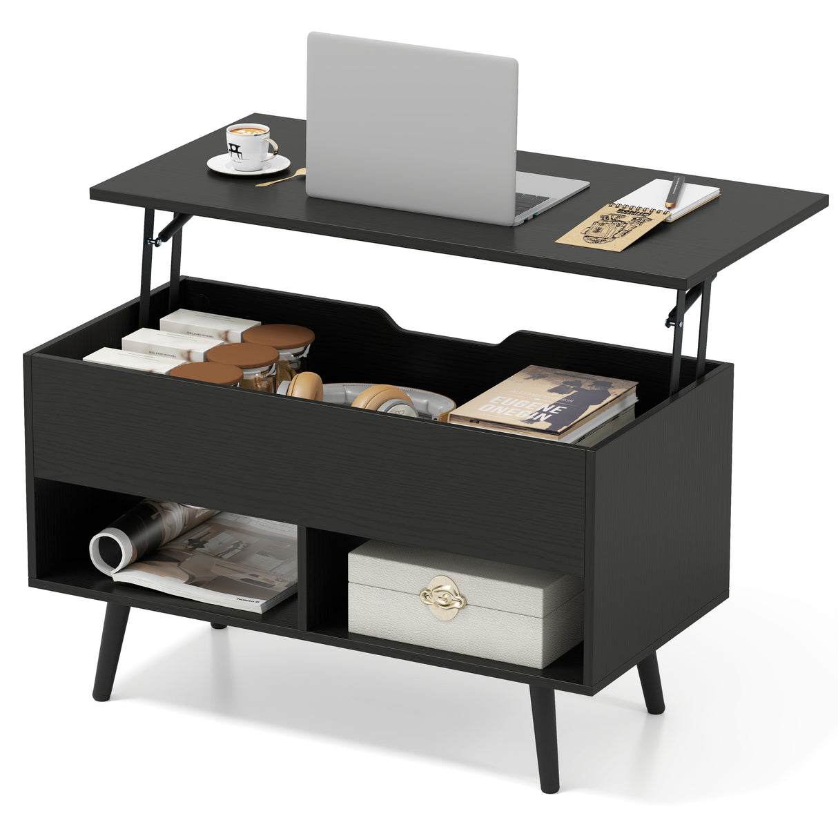 31.5 Inch Lift Top Coffee Table with Hidden Compartment and 2 Storage Shelves-Black