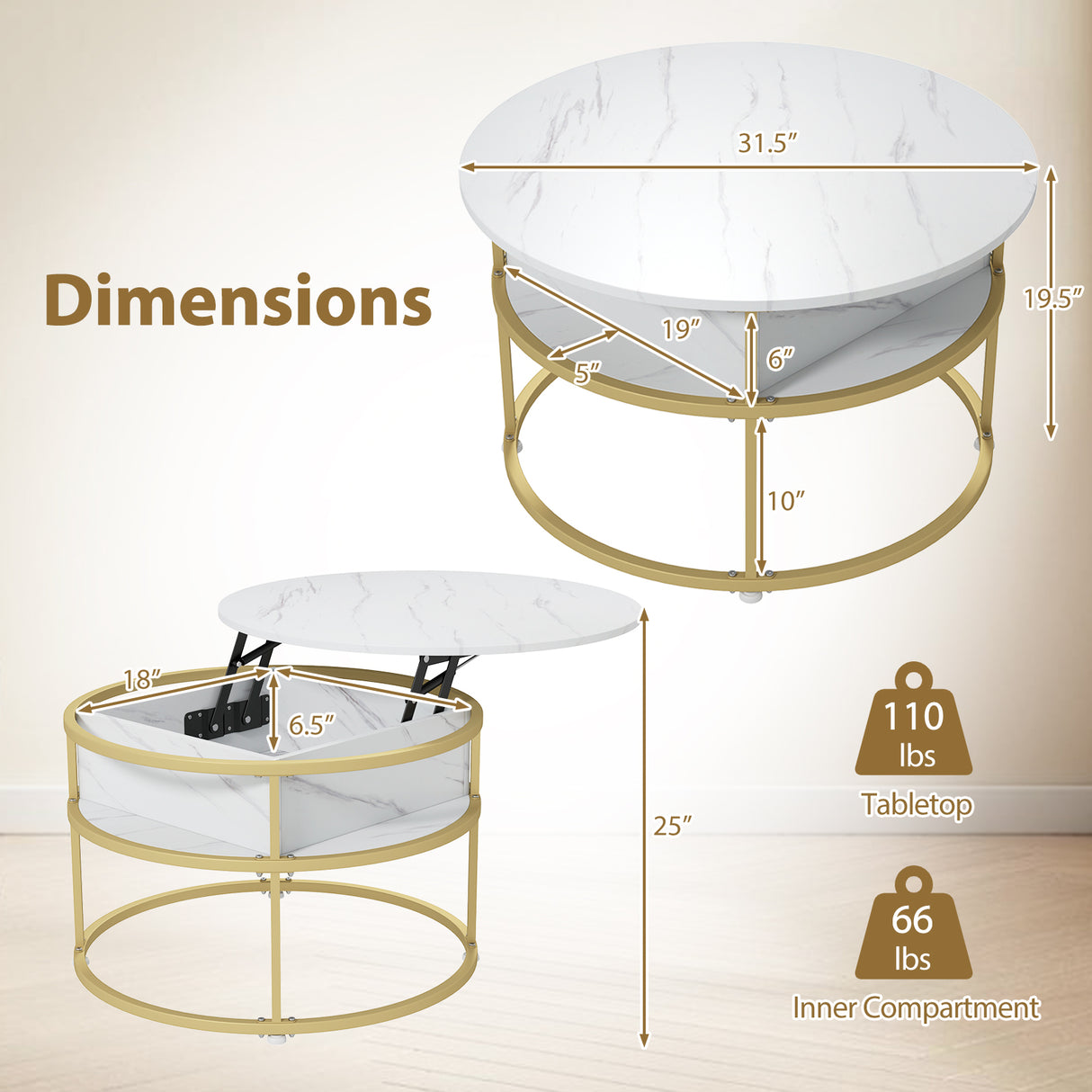 31.5 Inch Round Lift Top Coffee Table with Hidden Compartment and Side Shelves-White
