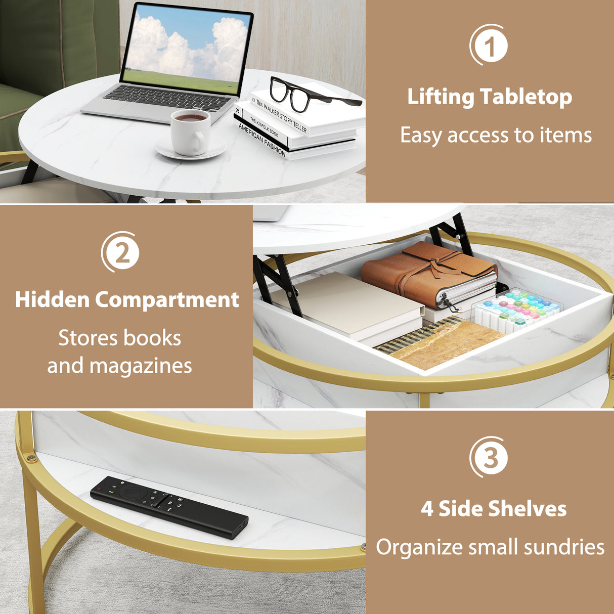 31.5 Inch Round Lift Top Coffee Table with Hidden Compartment and Side Shelves-White