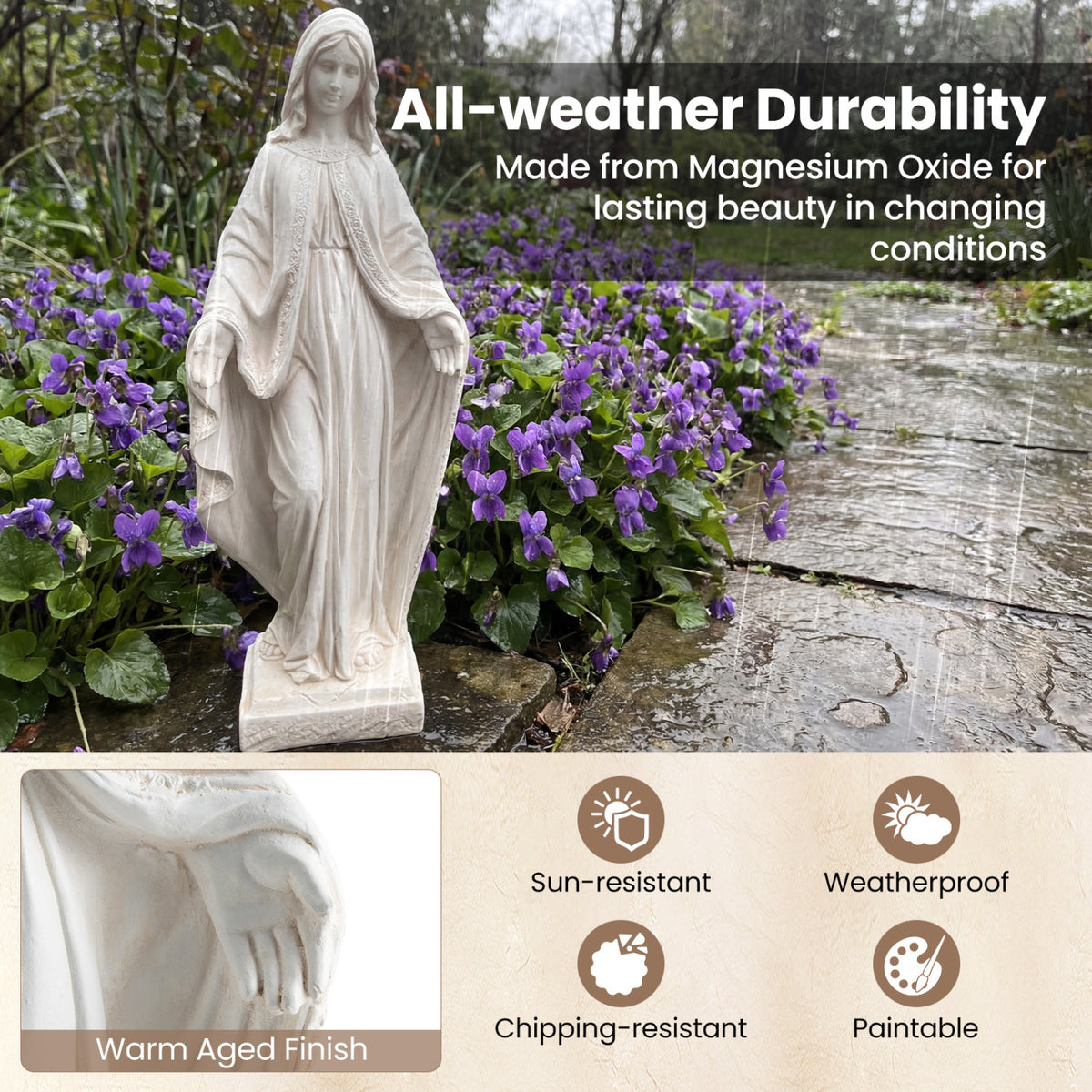 31.5 Inch Virgin Mary Statue with Aged Finish for Yard Patio-White