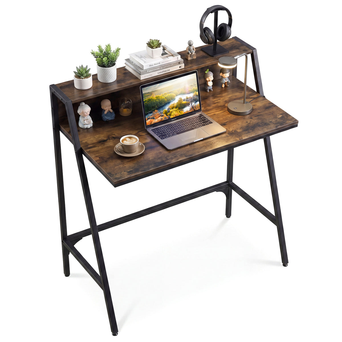 31.5" Industrial Desk with Raised Shelf Metal Frame-Rustic Brown