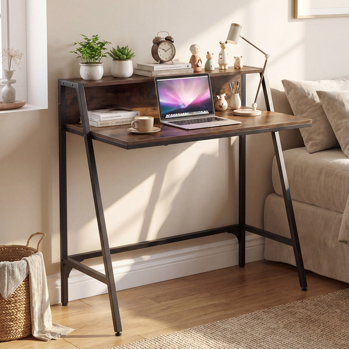 31.5" Industrial Desk with Raised Shelf Metal Frame-Rustic Brown