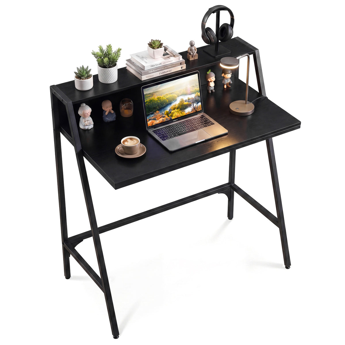 31.5" Industrial Desk with Raised Shelf Metal Frame-Black
