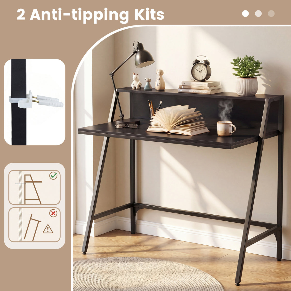 31.5" Industrial Desk with Raised Shelf Metal Frame-Black
