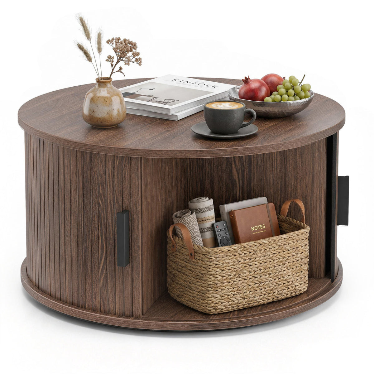 31.5" Round Coffee Table with Storage and Sliding Tambour Door for Living Room-Walnut