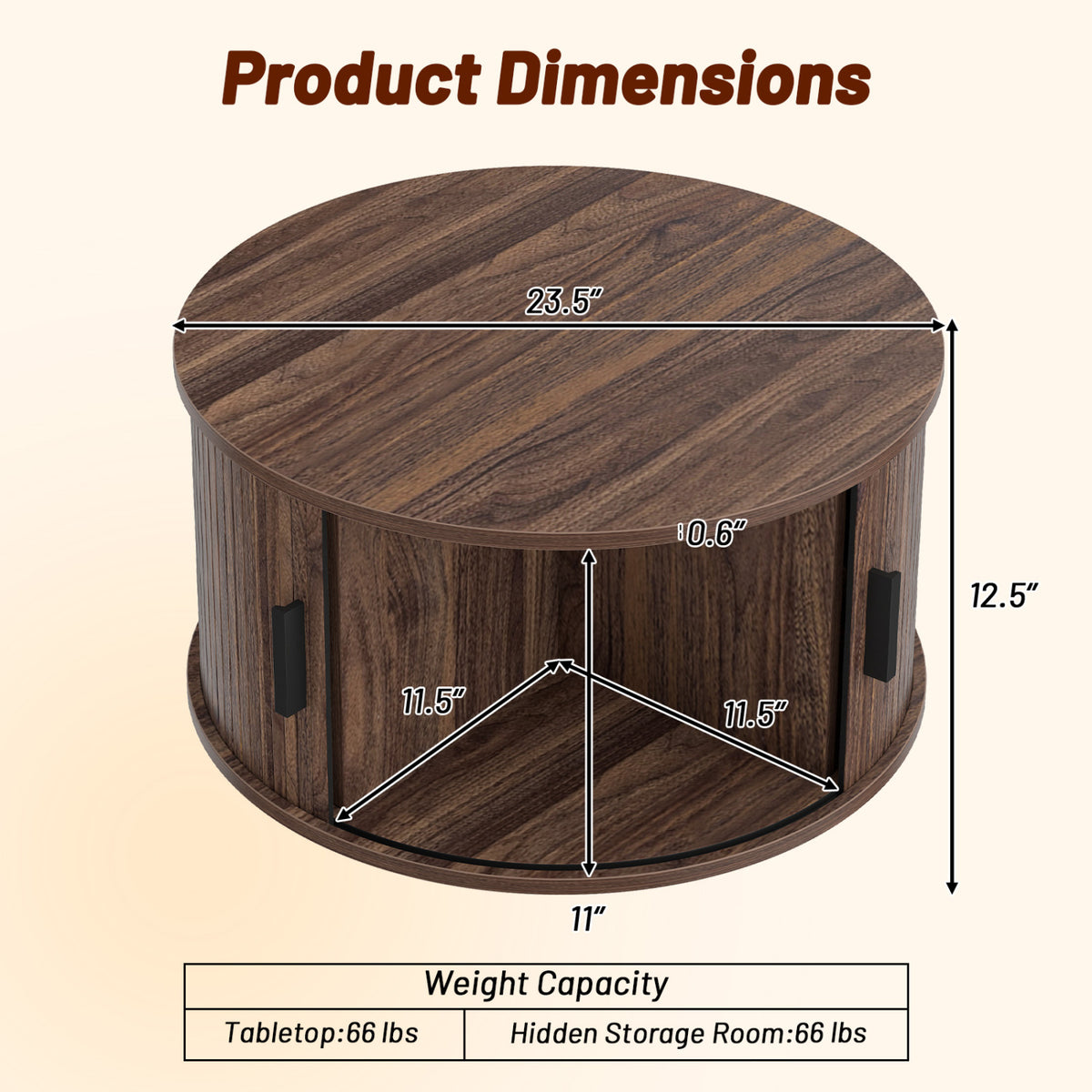 31.5" Round Coffee Table with Storage and Sliding Tambour Door for Living Room-Walnut