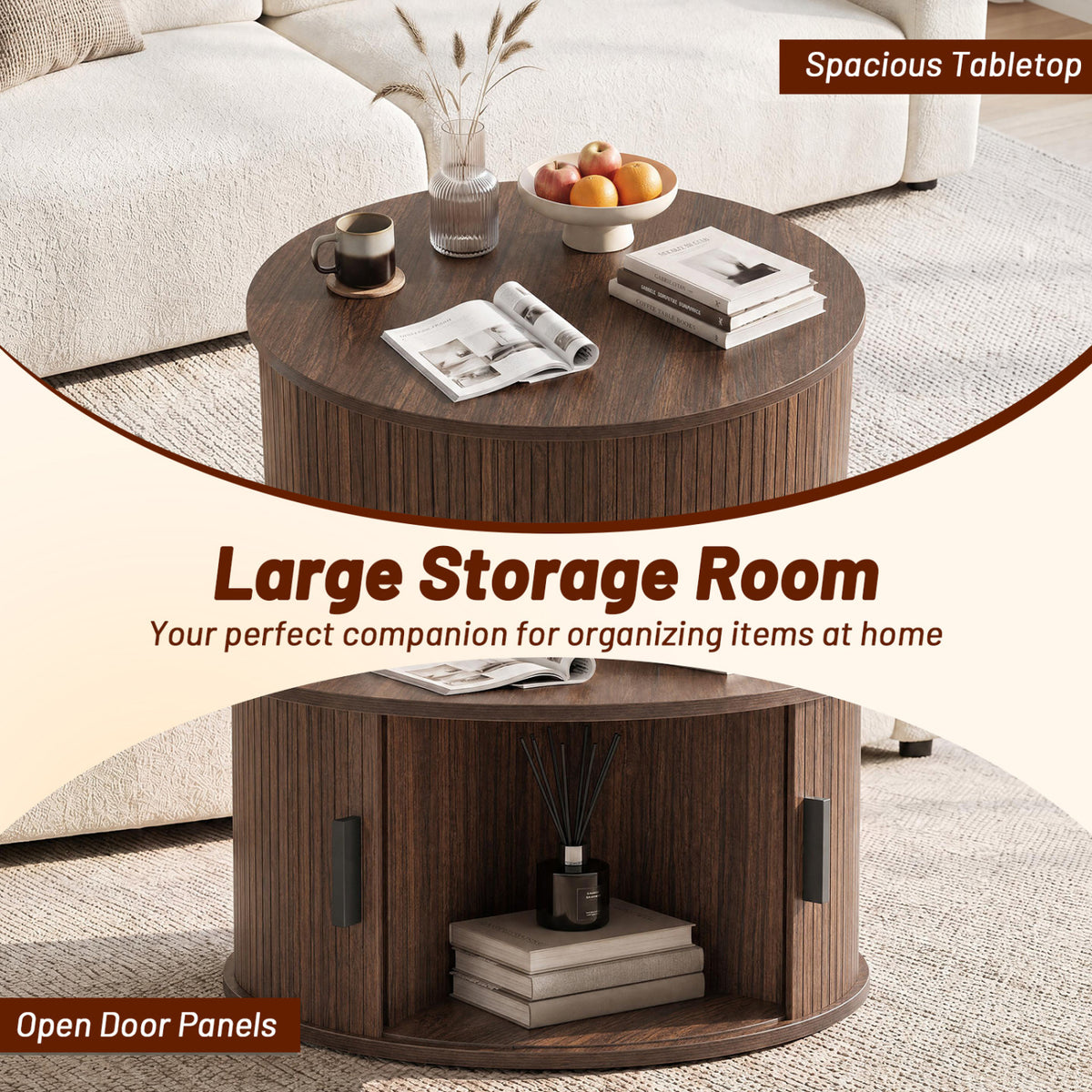 31.5" Round Coffee Table with Storage and Sliding Tambour Door for Living Room-Walnut