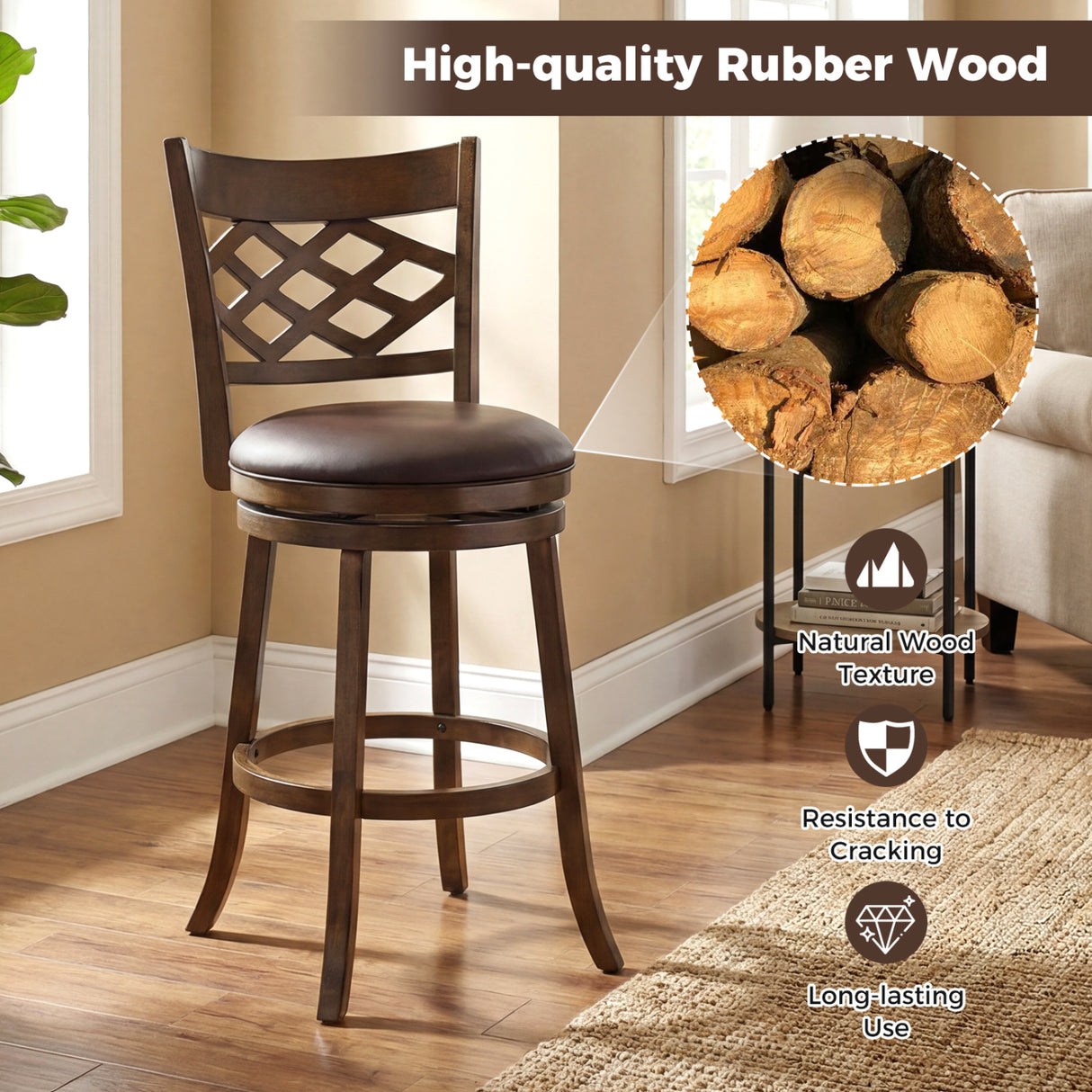 31 Inch Counter Height Bar Stools Set of 2 with Rubber Wood Frame-31 Inch