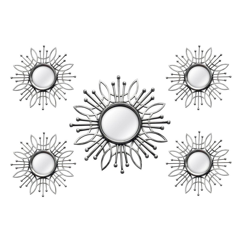 Set of Five Silver Sunburst Metal Framed Mirror Set