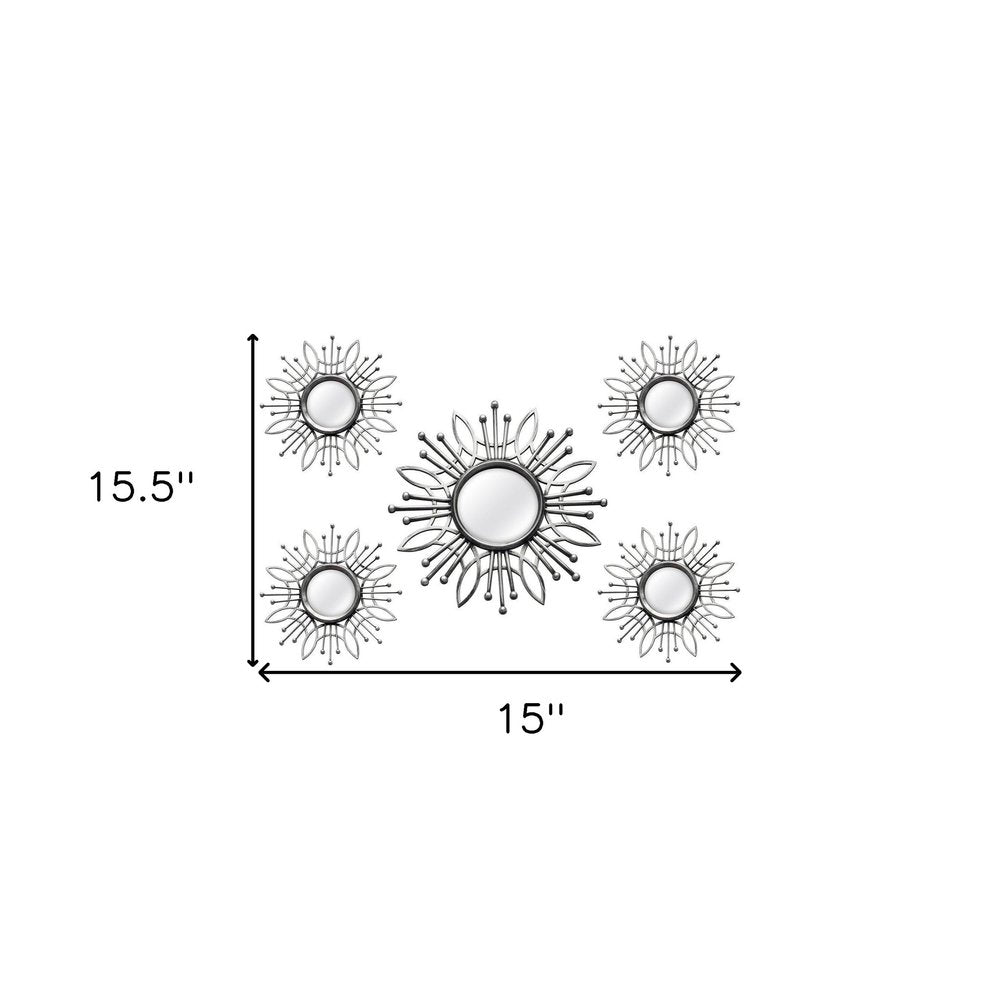 Set of Five Silver Sunburst Metal Framed Mirror Set