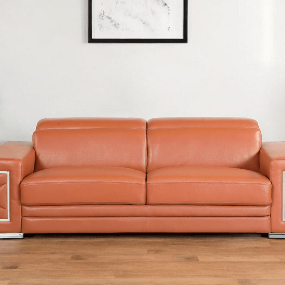 89" Camel Italian Leather Sofa With Silver Legs