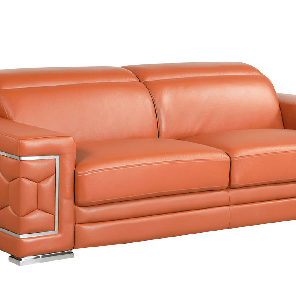 89" Camel Italian Leather Sofa With Silver Legs