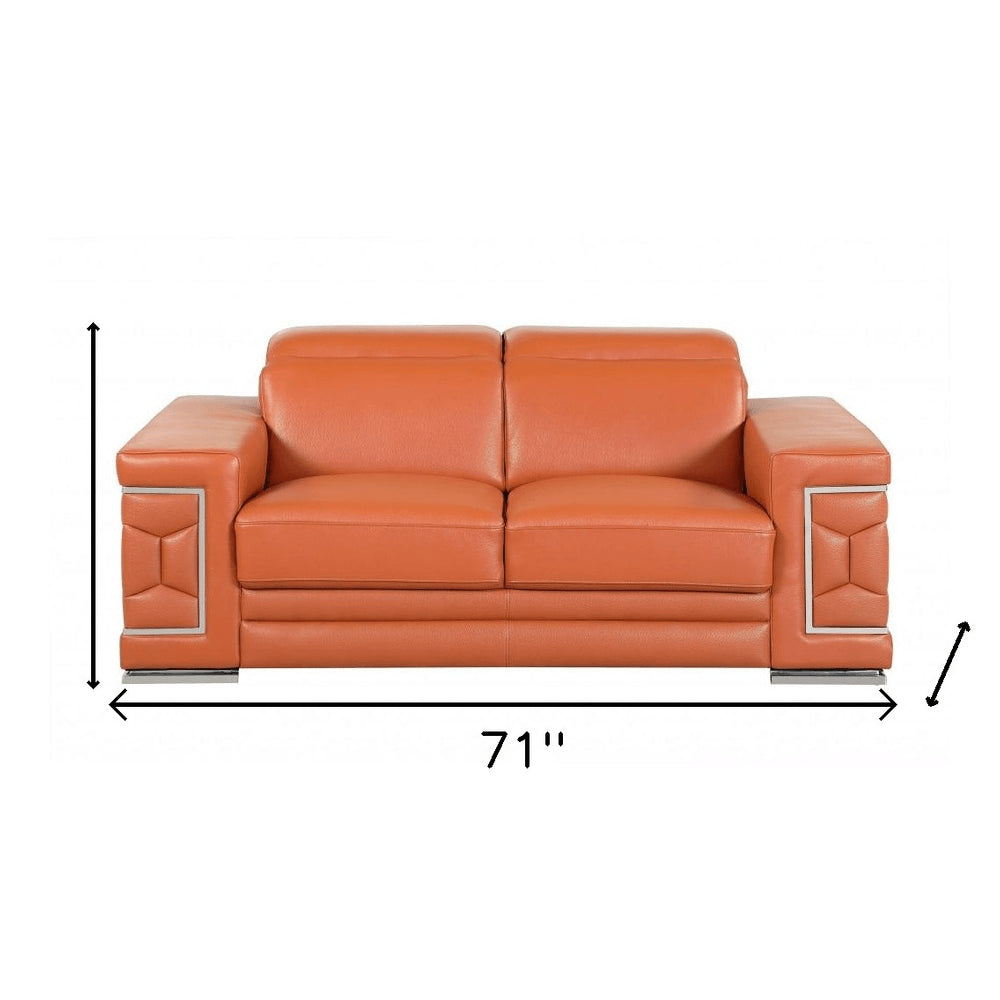 71" Camel And Silver Genuine Leather Love Seat