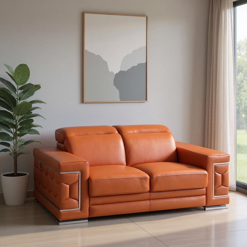 71" Camel And Silver Genuine Leather Love Seat
